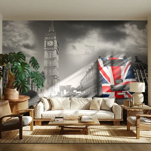 Fotomurali Premium Canvas - Il Big Ben e un autobus con una bandiera britannica su uno sfondo bianco e nero - 100x70cm - Orgogliosa e grande - Decorazione murale moderna per soggiorno e camera da letto ARTTOR
