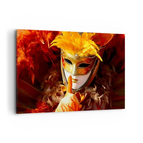 Quadro su tela - Stampe su Tela - Maschera di Carnevale nei toni dell'oro e dell'arancione - 120x80cm - Il mistero è parte del gioco - Decorazione murale moderna per soggiorno e camera da letto ARTTOR