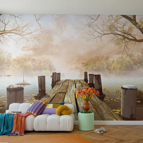 Fotomurali Premium Canvas - La mite melanconia autunnale - Paesaggio, Lago, Ponte di Legno - 200x140 cm