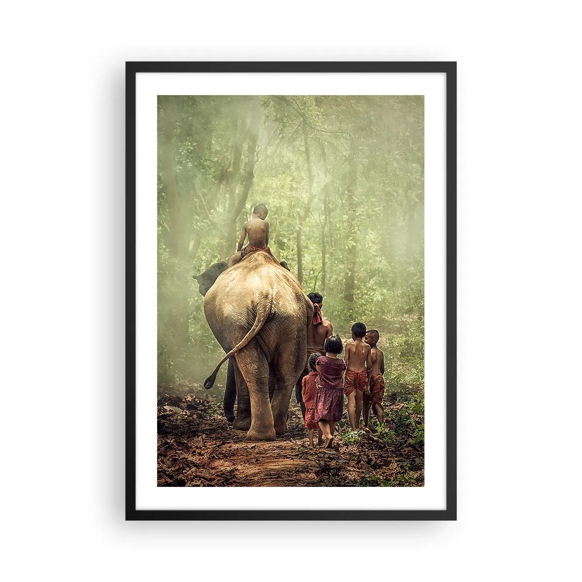 Poster in cornice nera - Bambini e un elefante nella foresta pluviale - 50x70cm - Il nuovo Libro della Giungla - Decorazione murale moderna per soggiorno e camera da letto ARTTOR
