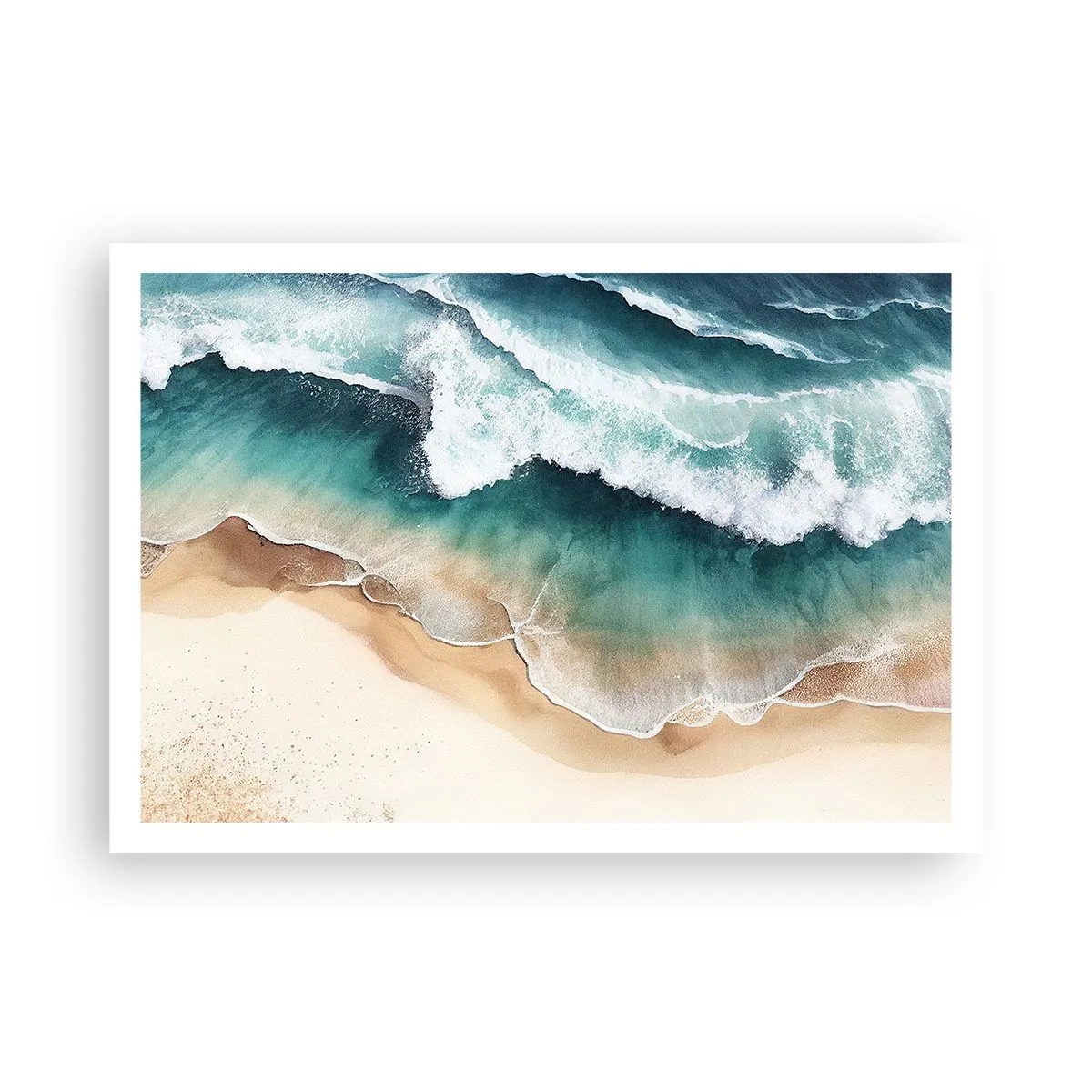 Poster - Vista della spiaggia e delle onde del mare nelle tonalità del turchese - 100x70cm - L'eterno incontro - Decorazione murale moderna per soggiorno e camera da letto ARTTOR