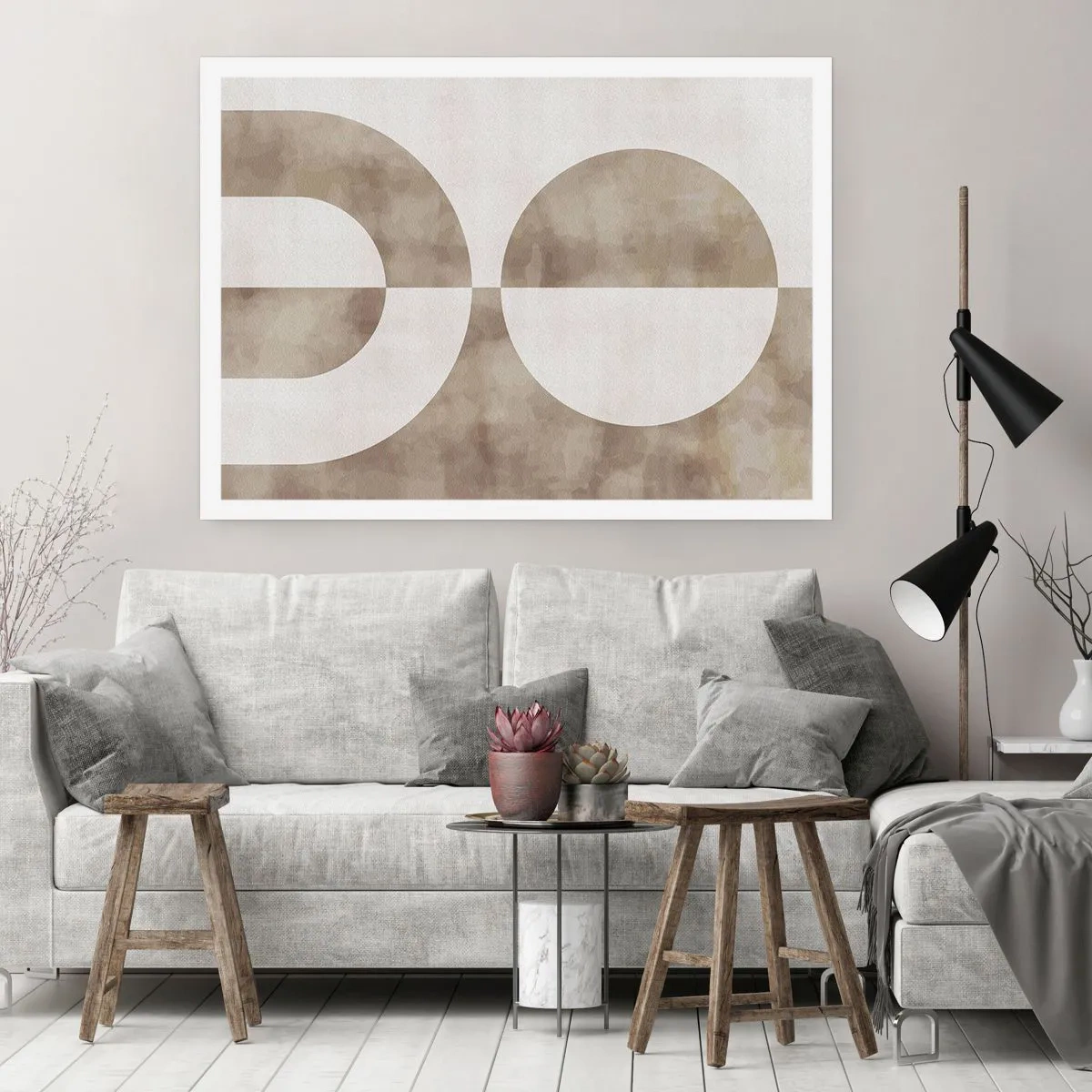 Poster - Un dipinto astratto nei toni del beige con forme geometriche e simmetria. - 100x70cm - Analogie e differenze - Decorazione murale moderna per soggiorno e camera da letto ARTTOR