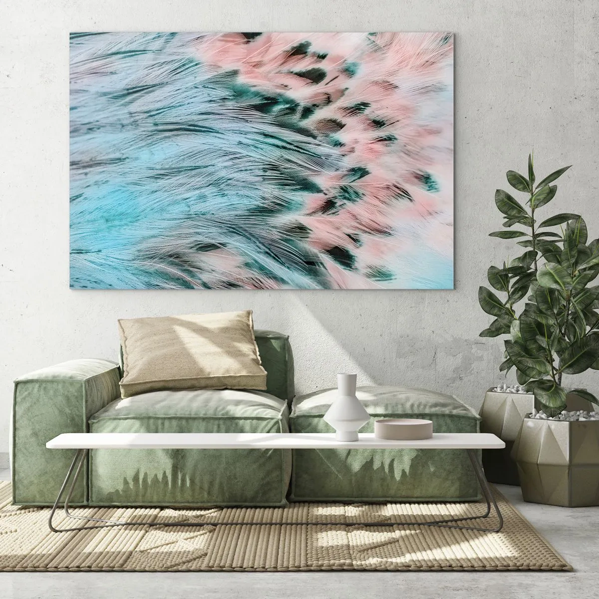 Quadro su vetro - Primo piano di piume nelle tonalità rosa zaffiro - 70x50cm - Piumino rosa zaffiro - Decorazione murale moderna per soggiorno e camera da letto ARTTOR