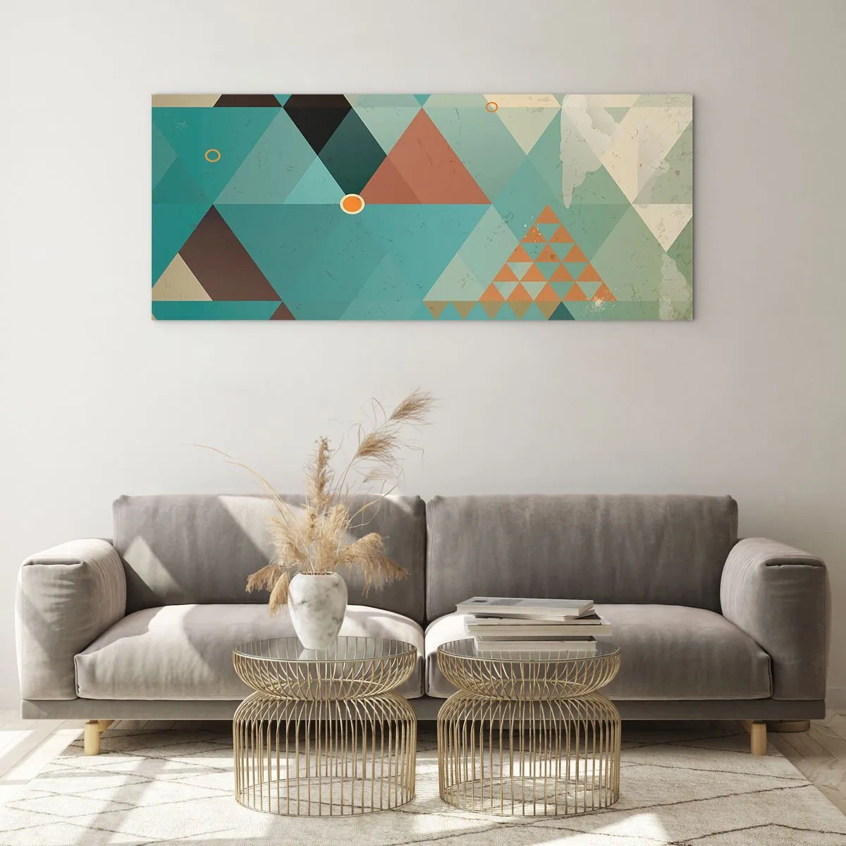 Quadro su vetro - Motivi geometrici nei toni del turchese e del marrone - 140x50cm - Unità della molteplicità, molteplicità dell'unità - Decorazione murale moderna per soggiorno e camera da letto ARTTOR
