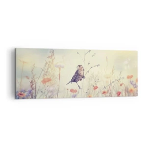 Quadro su tela - Stampe su Tela - Un uccello sullo sfondo di un prato colorato in colori pastello - 140x50cm - Ritratto d'uccello con prato di sfondo - Decorazione murale moderna per soggiorno e camera da letto ARTTOR