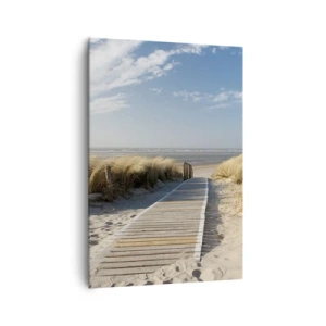 Quadro su tela - Stampe su Tela - Un sentiero di legno conduce attraverso le dune fino al mare calmo - 70x100cm - Dopo la duna, nel fruscio dell'erba - Decorazione murale moderna per soggiorno e camera da letto ARTTOR