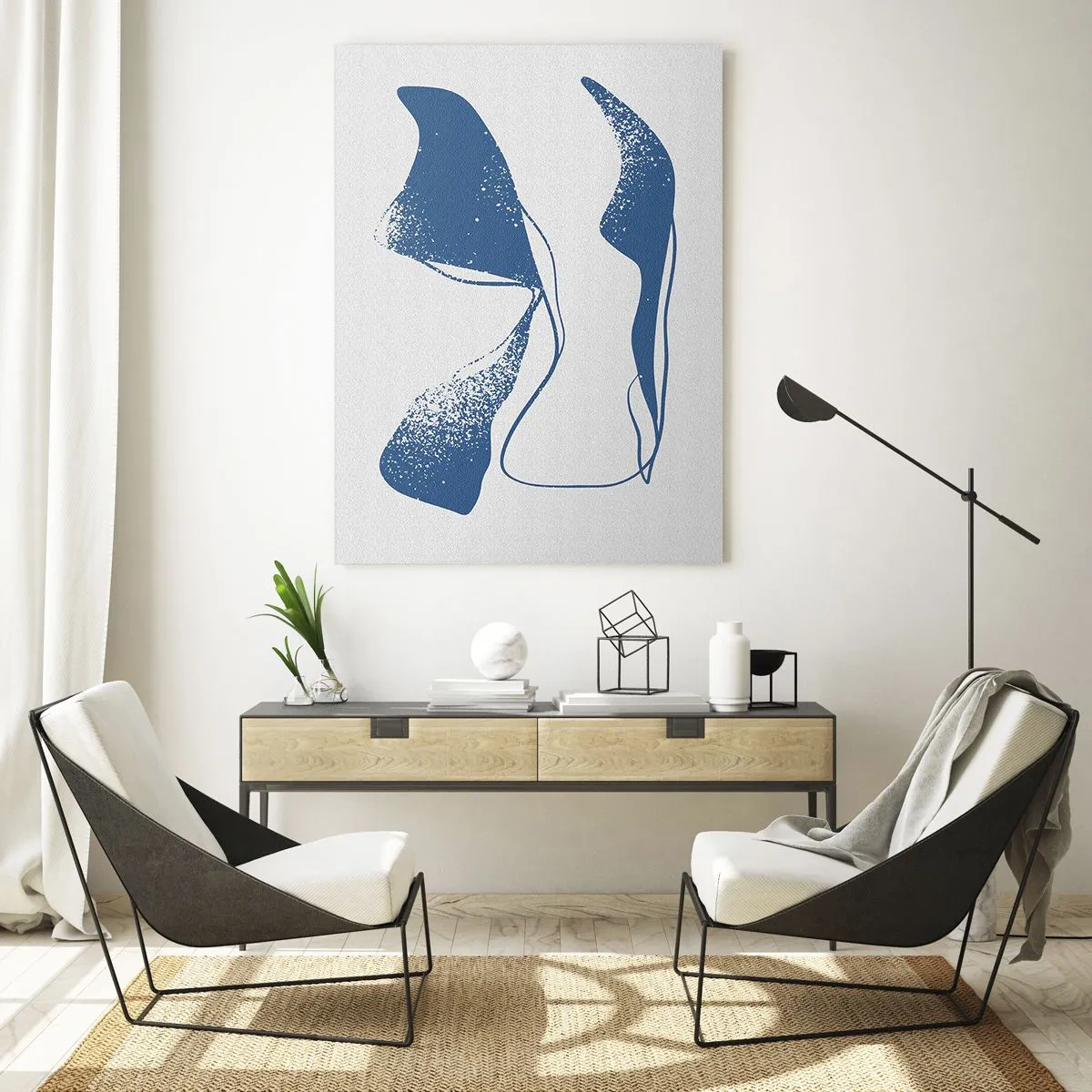 Quadro su vetro - Forme astratte in tonalità blu su sfondo bianco - 80x120cm - Astrazione alata - Decorazione murale moderna per soggiorno e camera da letto ARTTOR