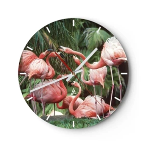 Orologio da parete - Orologio in Vetro - Fenicotteri rosa sullo sfondo di una lussureggiante vegetazione tropicale - 30x30cm - Pettegolezzi pomeridiani - Decorazione murale moderna per soggiorno, cucina e camera da letto ARTTOR
