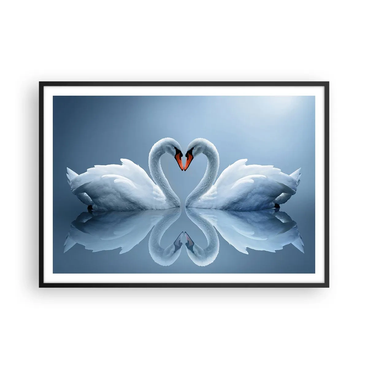 Poster in cornice nera - Due cigni formano un cuore su una superficie calma dell'acqua - 100x70cm - Il tempo dell'amore - Decorazione murale moderna per soggiorno e camera da letto ARTTOR