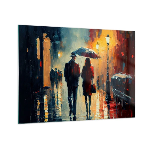 Quadro su vetro - Una coppia cammina di notte con un ombrello lungo una strada bagnata. - 70x50cm - Love story cittadina - Decorazione murale moderna per soggiorno e camera da letto ARTTOR