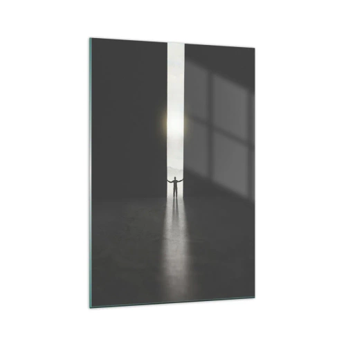 Quadro su vetro - Un uomo in piedi alla luce di una stretta fessura in uno spazio buio - 70x100cm - Un passo verso un chiaro futuro - Decorazione murale moderna per soggiorno e camera da letto ARTTOR