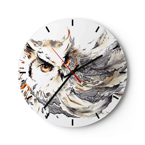 Orologio da parete - Orologio in Vetro - Un gufo dallo sguardo intenso circondato da piume artistiche - 30x30cm - Giunta dal mondo della magia - Decorazione murale moderna per soggiorno, cucina e camera da letto ARTTOR