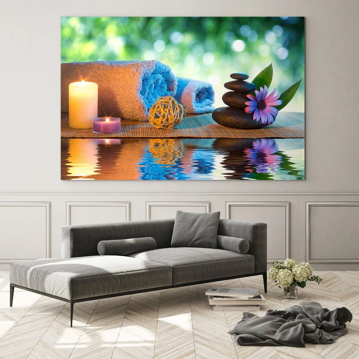 Quadro su vetro - Spa con asciugamani, candele e pietre sullo sfondo naturale - 100x70cm - Tempo per il corpo - Decorazione murale moderna per soggiorno e camera da letto ARTTOR
