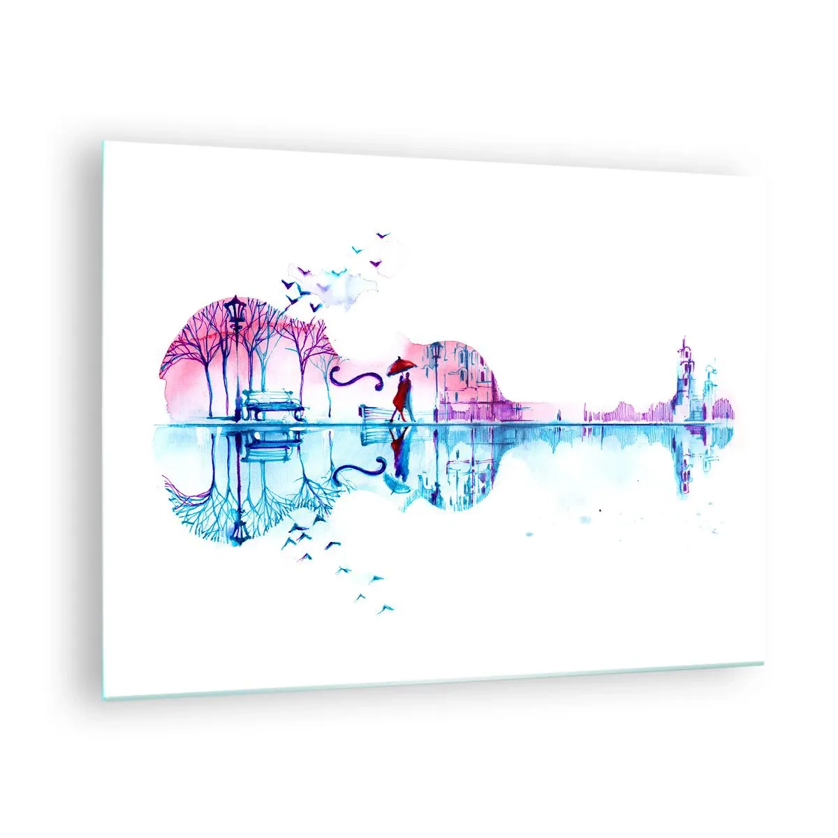 Quadro su vetro - Un paesaggio a forma di chitarra in stile acquerello - 70x50cm - Vi porto un cantico di pioggia - Decorazione murale moderna per soggiorno e camera da letto ARTTOR