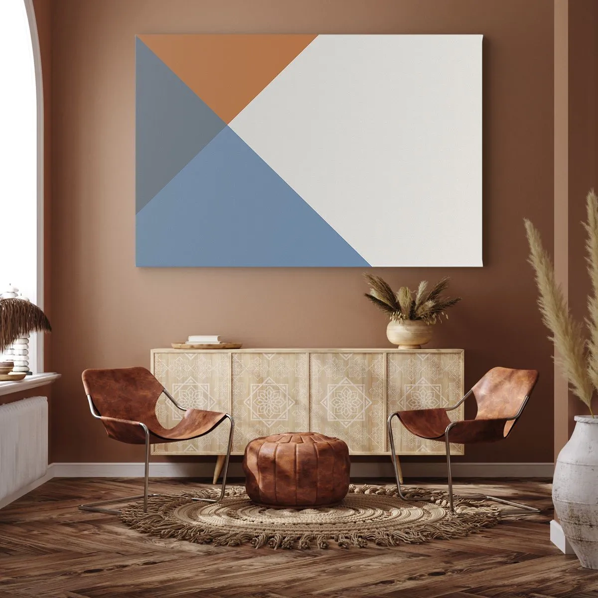 Quadro su tela - Stampe su Tela - Triangoli geometrici nei toni del blu e dell'arancione - 100x70cm - Ad angolo... - Decorazione murale moderna per soggiorno e camera da letto ARTTOR