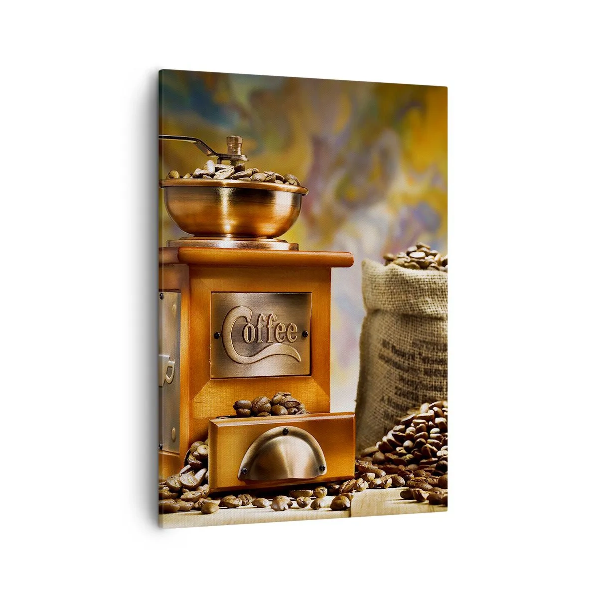 Quadro su tela - Stampe su Tela - Macinacaffè con chicchi e una tazza sullo sfondo - 50x70cm - Scricchiolio dei chicchi, tintinnio del macinino - Decorazione murale moderna per soggiorno e camera da letto ARTTOR