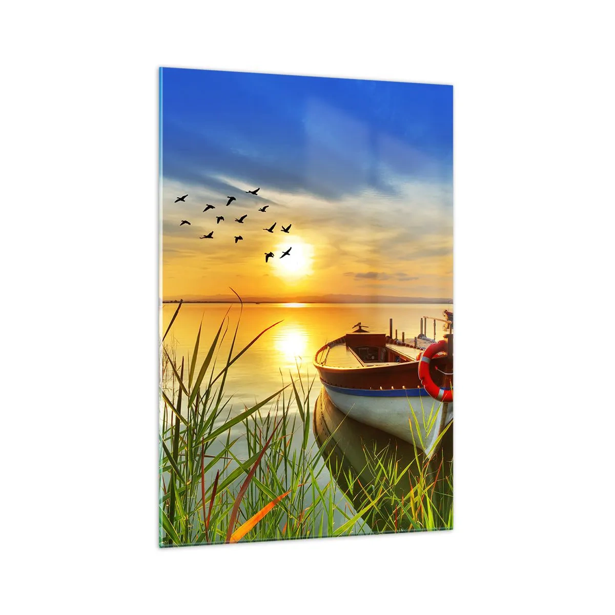 Quadro su vetro - Una barca sulla riva di un lago al tramonto - 70x100cm - I cormorano volano già via - Decorazione murale moderna per soggiorno e camera da letto ARTTOR