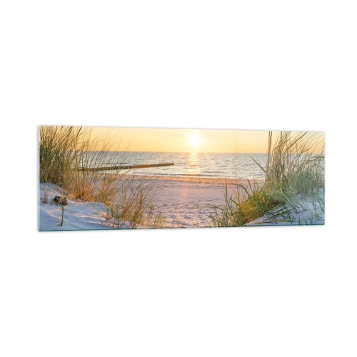 Quadro su vetro - Una spiaggia sabbiosa con vista sul tramonto sul mare - 160x50cm - Rumore del mare, uccelli che cantano, spiaggia selvatica tra i cespugli... - Decorazione murale moderna per soggiorno e camera da letto ARTTOR