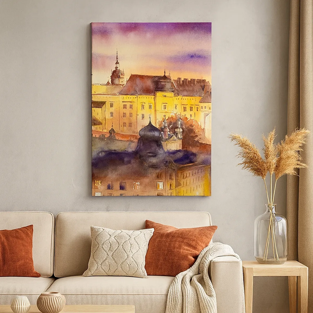 Quadro su tela - Stampe su Tela - Un pittoresco dipinto ad acquerello di un castello al tramonto - 50x70cm - Storia e fiaba - Decorazione murale moderna per soggiorno e camera da letto ARTTOR