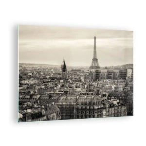 Quadro su vetro - Un panorama di Parigi con vista sulla Torre Eiffel nei toni seppia - 70x50cm - Sui tetti di Parigi - Decorazione murale moderna per soggiorno e camera da letto ARTTOR