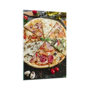 Quadro su vetro - Pizza in vari gusti con uno sfondo di condimenti - 70x100cm - Ventaglio di gusti - Decorazione murale moderna per soggiorno e camera da letto ARTTOR