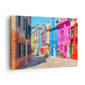 Quadro su tela - Stampe su Tela - Edifici colorati in una stretta strada cittadina - 70x50cm - La cittadina dei pappagalli - Decorazione murale moderna per soggiorno e camera da letto ARTTOR