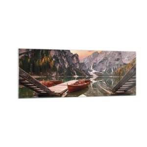 Quadro su vetro - Lago di montagna con barche al tramonto - 140x50cm - La promessa del giorno - Decorazione murale moderna per soggiorno e camera da letto ARTTOR