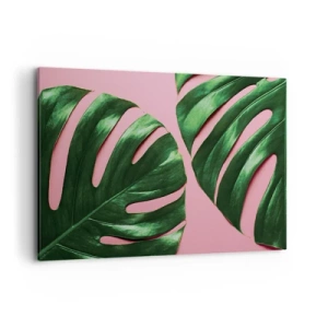 Quadro su tela - Stampe su Tela - Foglie di monstera verdi su sfondo rosa - 120x80cm - Appuntamento in verde - Decorazione murale moderna per soggiorno e camera da letto ARTTOR