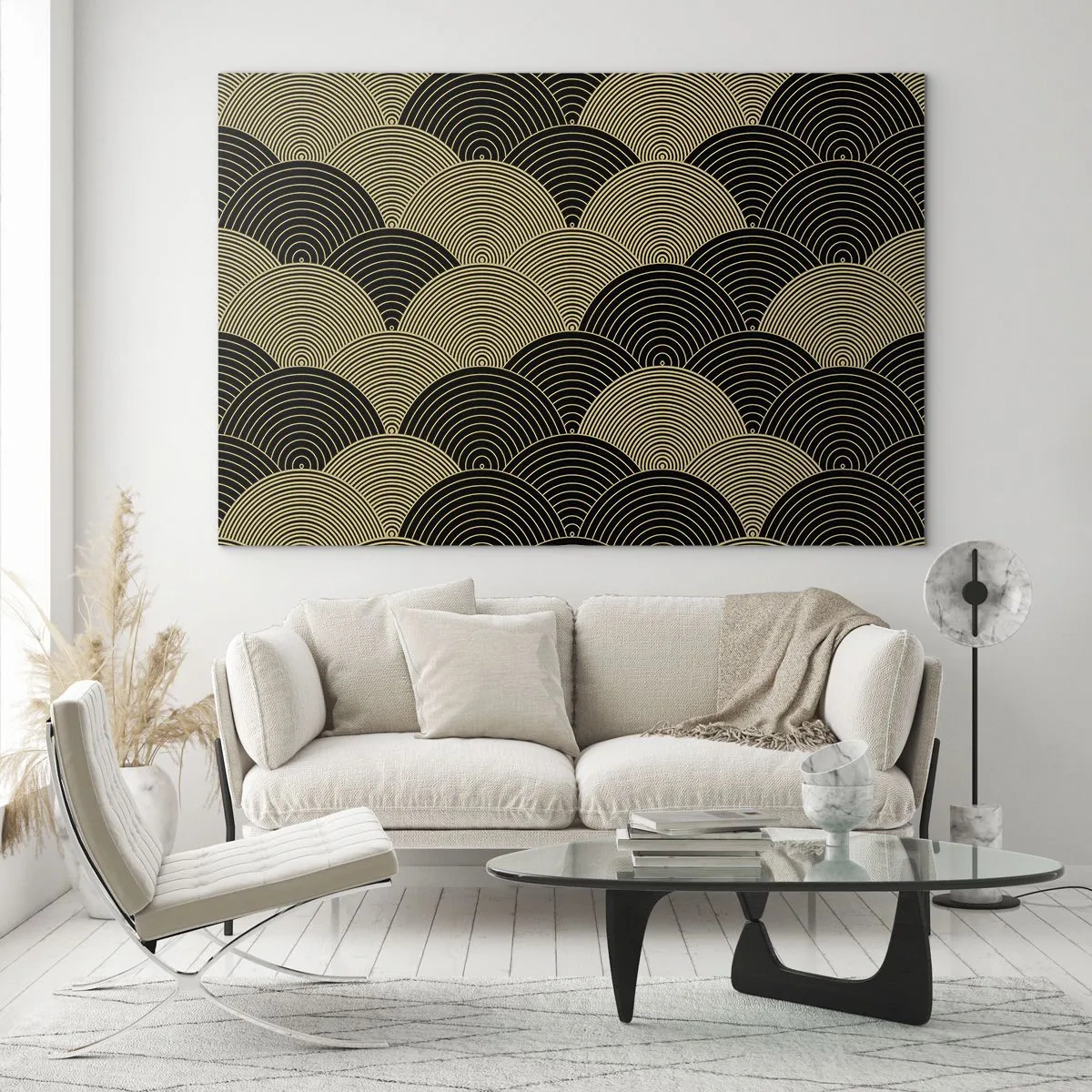 Quadro su vetro - Semicerchi dorati in un motivo giapponese regolare - 100x70cm - Unità nella molteplicità - Decorazione murale moderna per soggiorno e camera da letto ARTTOR