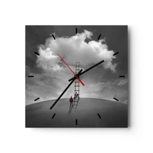 Orologio da parete - Orologio in Vetro - Una persona con un cappotto rosso e una scala che porta a una nuvola - 30x30cm - Tutto è possibile - Decorazione murale moderna per soggiorno e camera da letto ARTTOR