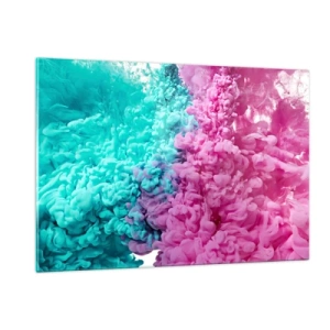 Quadro su vetro - Nuvole di inchiostro colorate in rosa e turchese - 120x80cm - Scontro decisivo - Decorazione murale moderna per soggiorno e camera da letto ARTTOR
