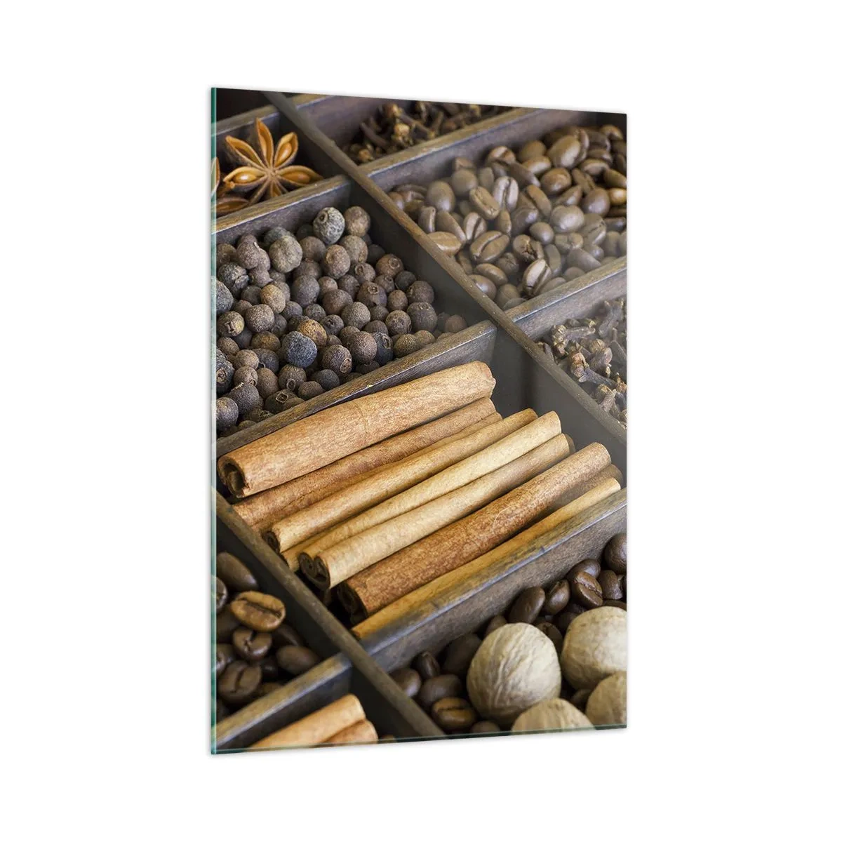 Quadro su vetro - Spezie in scomparti di legno - 50x70cm - Il tesoro degli aromi - Decorazione murale moderna per soggiorno e camera da letto ARTTOR