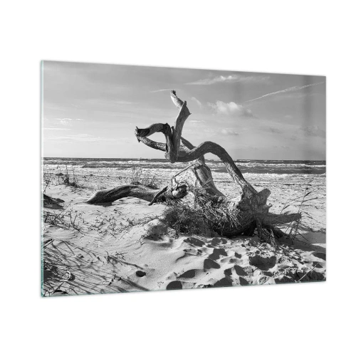 Quadro su vetro - Un paesaggio in bianco e nero con un ramo caduto su una spiaggia in riva al mare. - 100x70cm - Scolpito dal mare - Decorazione murale moderna per soggiorno e camera da letto ARTTOR