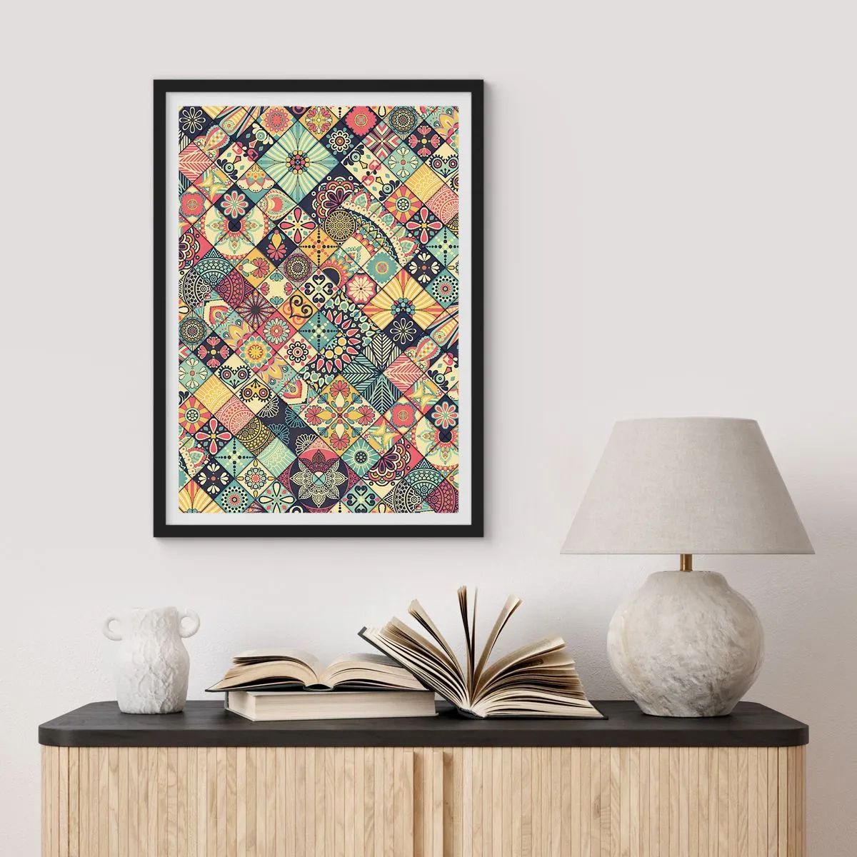 Poster in cornice nera - Motivo colorato in stile mosaico - 50x70cm - L'atmosfera del Marocco - Decorazione murale moderna per soggiorno e camera da letto ARTTOR
