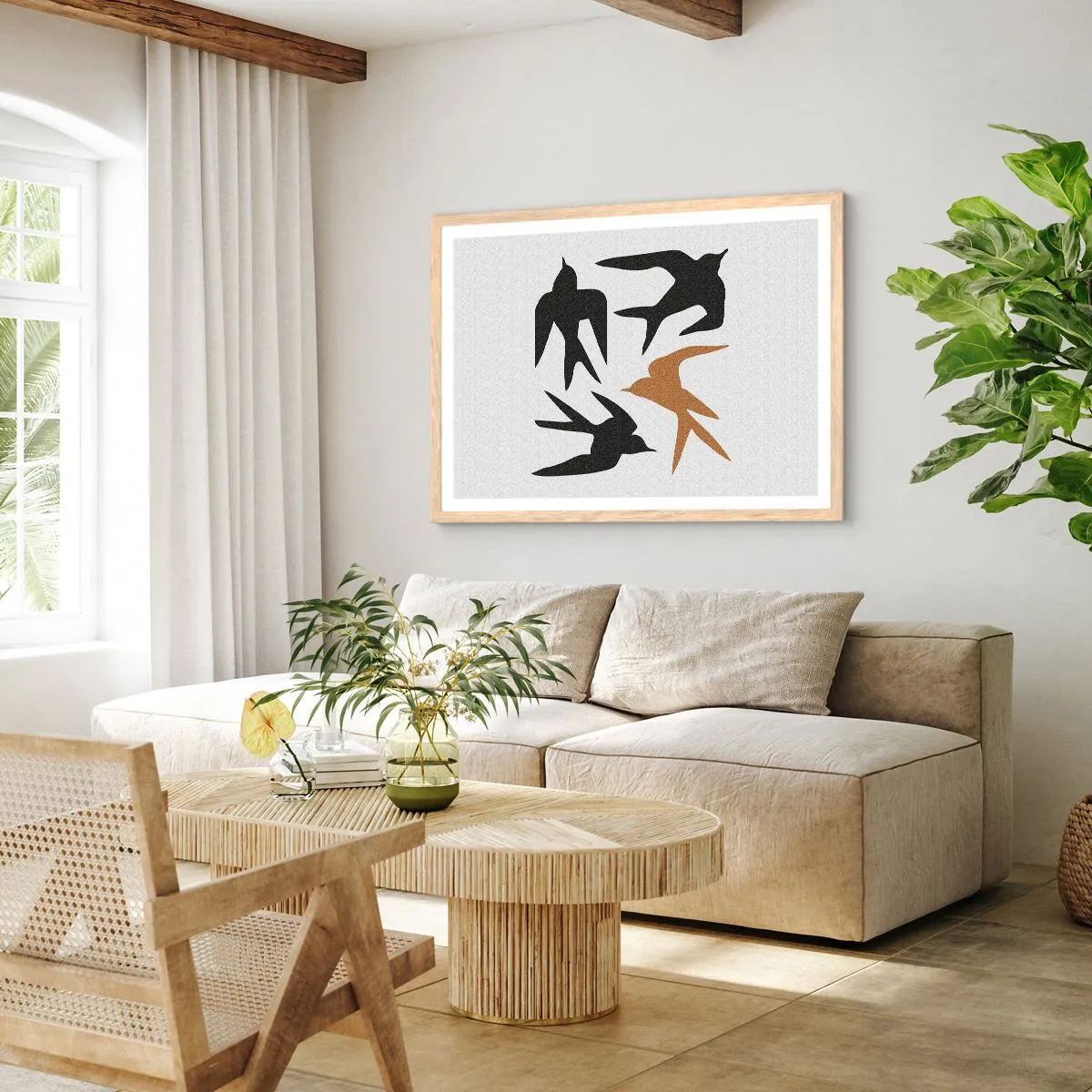 Poster in cornice rovere chiaro - Giochi di rondini - 100x70 cm