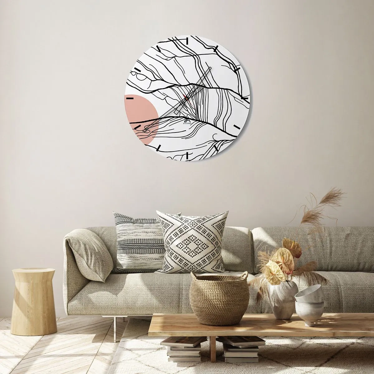 Orologio da parete - Orologio in Vetro - Linee nere artistiche che ricordano ramoscelli su uno sfondo bianco - 30x30cm - Nella rete dei rami - Decorazione murale moderna per soggiorno, cucina e camera da letto ARTTOR
