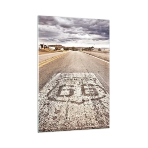 Quadro su vetro - Route 66 in un clima desertico con un cielo pittoresco - 80x120cm - La Route 66: una leggenda americana - Decorazione murale moderna per soggiorno e camera da letto ARTTOR