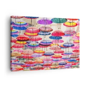 Quadro su tela - Stampe su Tela - Ombrelli colorati sospesi nell'aria - 70x50cm - Prato cittadino - Decorazione murale moderna per soggiorno e camera da letto ARTTOR