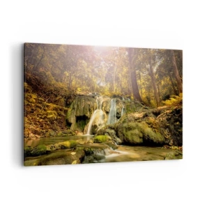 Quadro su tela - Stampe su Tela - Una cascata nella foresta sotto i raggi del sole, circondata dal verde - 100x70cm - Cascata boschiva in verde - Decorazione murale moderna per soggiorno e camera da letto ARTTOR