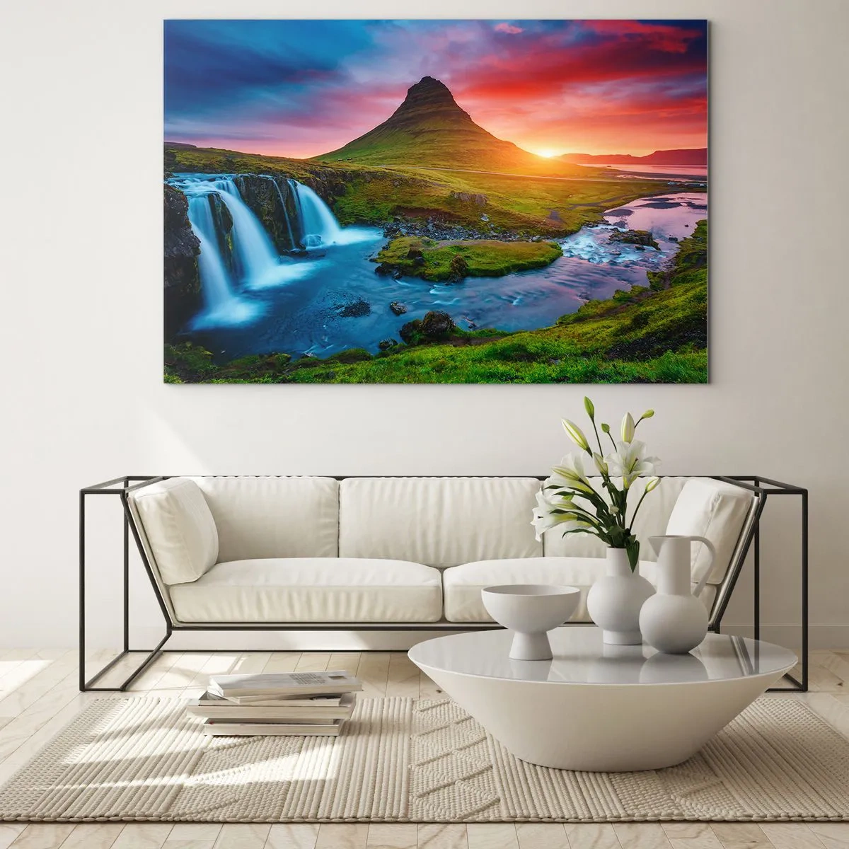 Quadro su vetro - Islanda - fuoco e acqua - 120x80cm - Islanda: acqua e fuoco - Decorazione murale moderna per soggiorno e camera da letto ARTTOR
