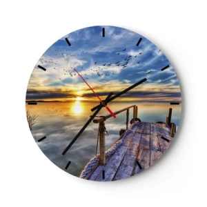 Orologio da parete - Orologio in Vetro - Molo di legno sul lago al tramonto - 30x30cm - Il vento è andato a dormire - Decorazione murale moderna per soggiorno, cucina e camera da letto ARTTOR