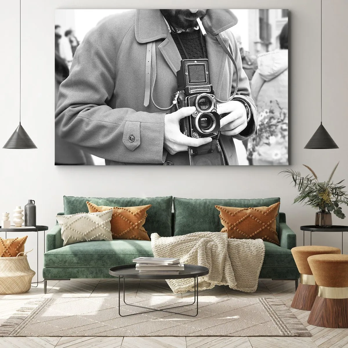 Quadro su tela - Stampe su Tela - Foto in bianco e nero di un uomo con una macchina fotografica retrò - 120x80cm - In stile retro - Decorazione murale moderna per soggiorno e camera da letto ARTTOR