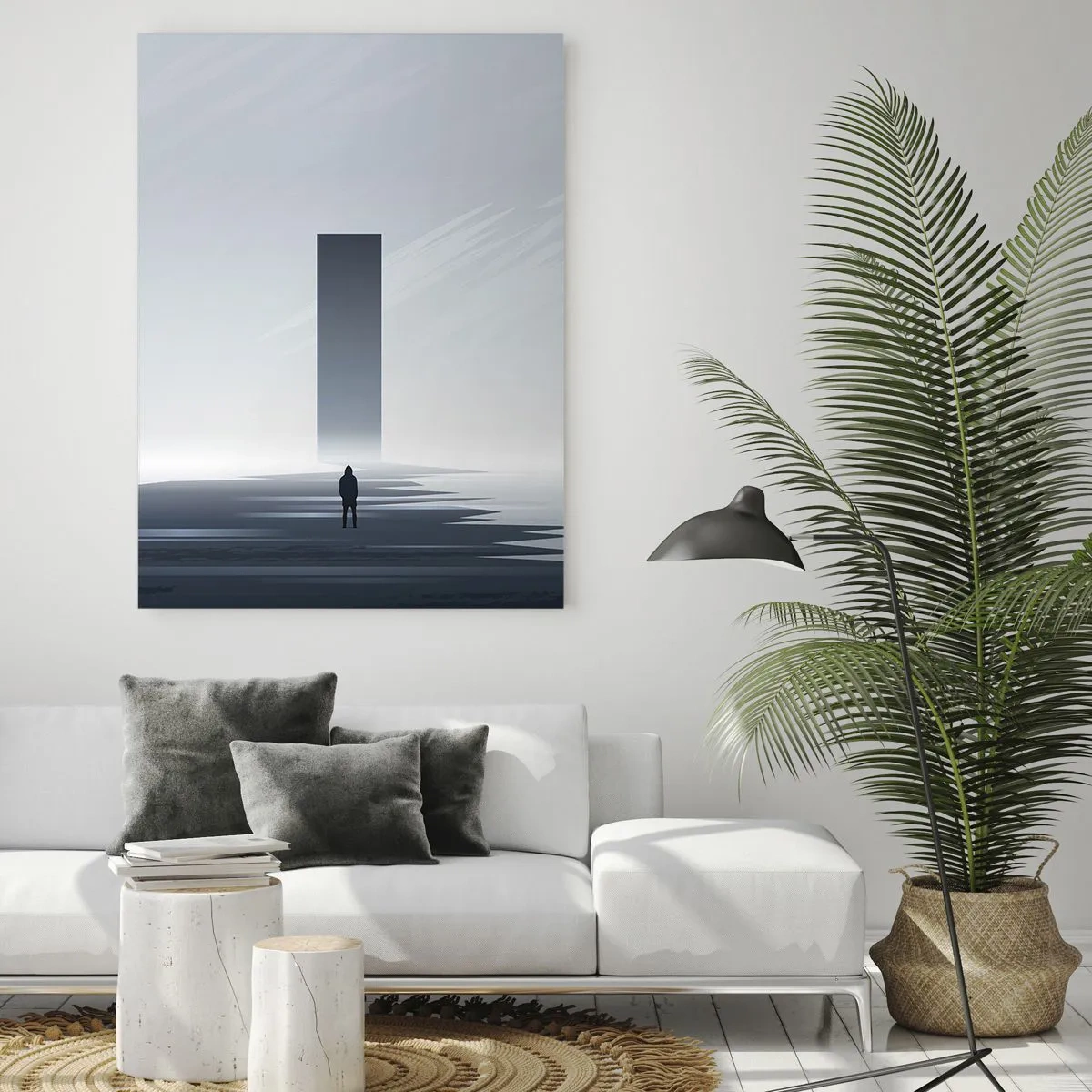 Quadro su vetro - Un paesaggio minimalista con una silhouette accanto a un monolite rettangolare - 80x120cm - Opportunità o minaccia? - Decorazione murale moderna per soggiorno e camera da letto ARTTOR