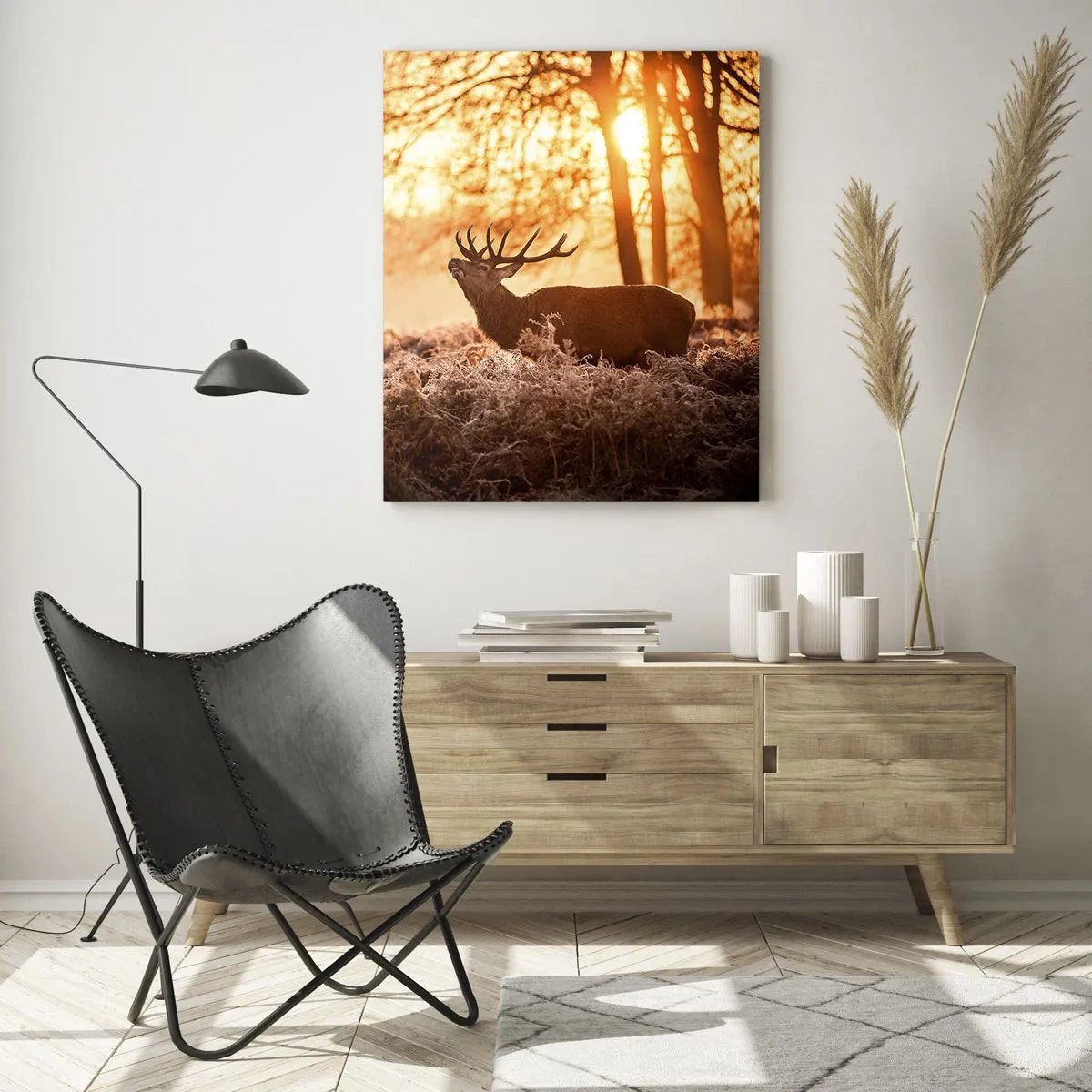 Quadro su vetro - Due cervi in una scena di foresta all'alba - 50x70cm - Il sogno del cacciatore - Decorazione murale moderna per soggiorno e camera da letto ARTTOR