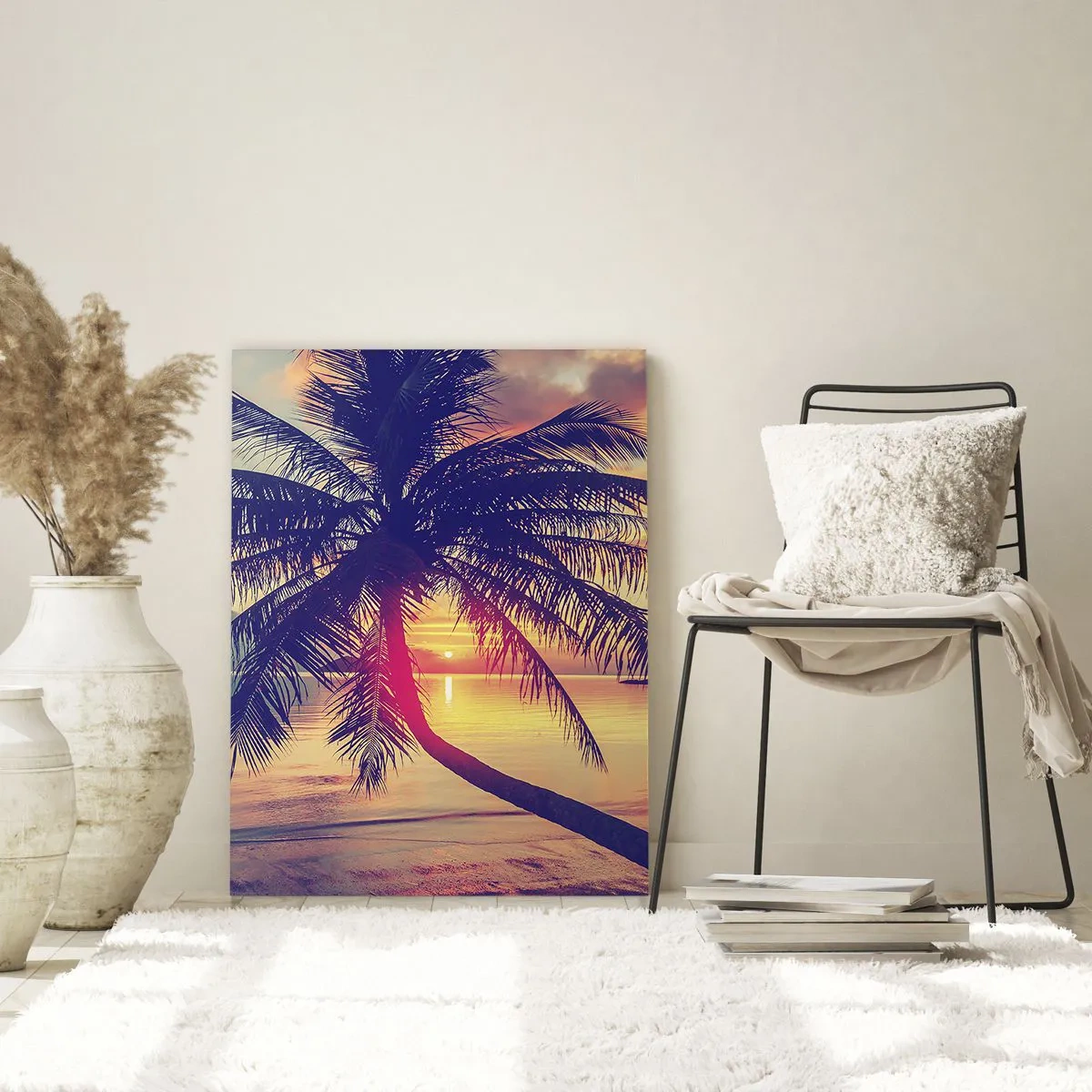 Quadro su vetro - Palma al tramonto su un mare calmo - 50x70cm - Sera sotto le palme - Decorazione murale moderna per soggiorno e camera da letto ARTTOR