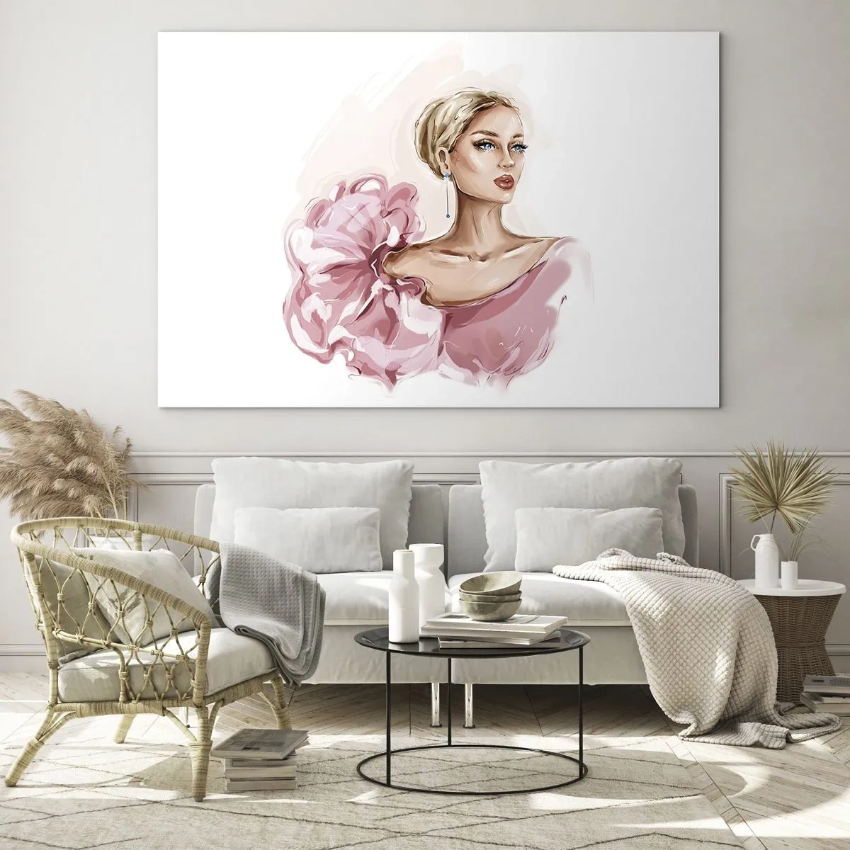 Quadro su vetro - Ritratto stilizzato di una donna in abito rosa - 100x70cm - Come un quadro... - Decorazione murale moderna per soggiorno e camera da letto ARTTOR