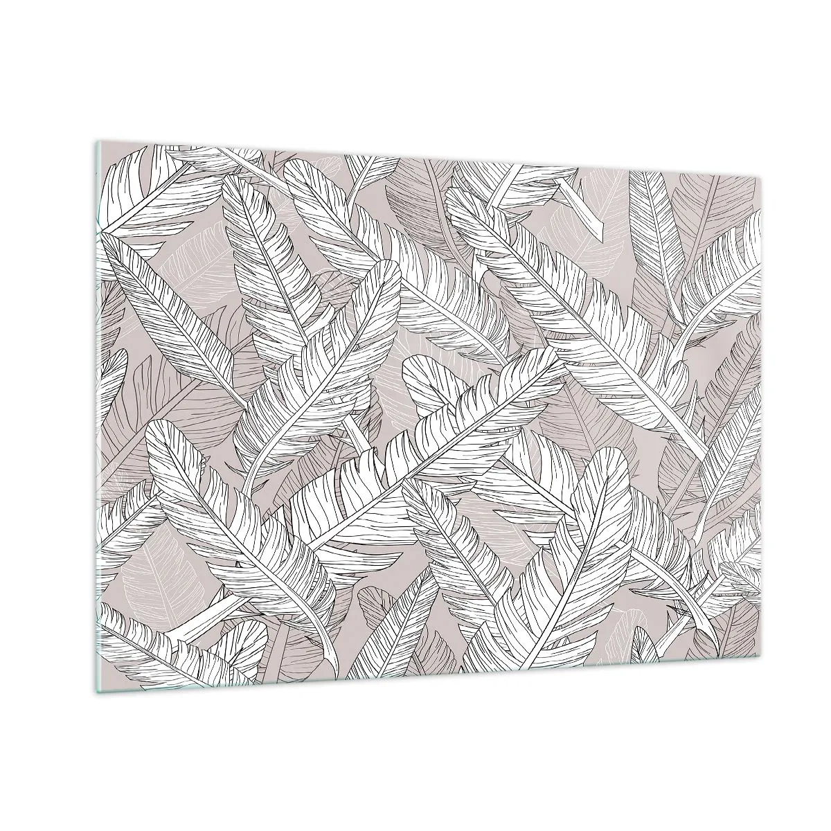 Quadro su vetro - Foglie in bianco e nero su sfondo beige in stile grafico - 100x70cm - Vortice di piume - Decorazione murale moderna per soggiorno e camera da letto ARTTOR