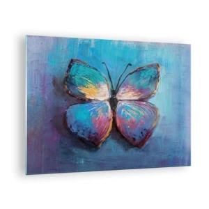 Quadro su vetro - Una farfalla colorata su uno sfondo di colori astratti nelle tonalità del blu e del viola. - 70x50cm - In tutta la bellezza - Decorazione murale moderna per soggiorno e camera da letto ARTTOR