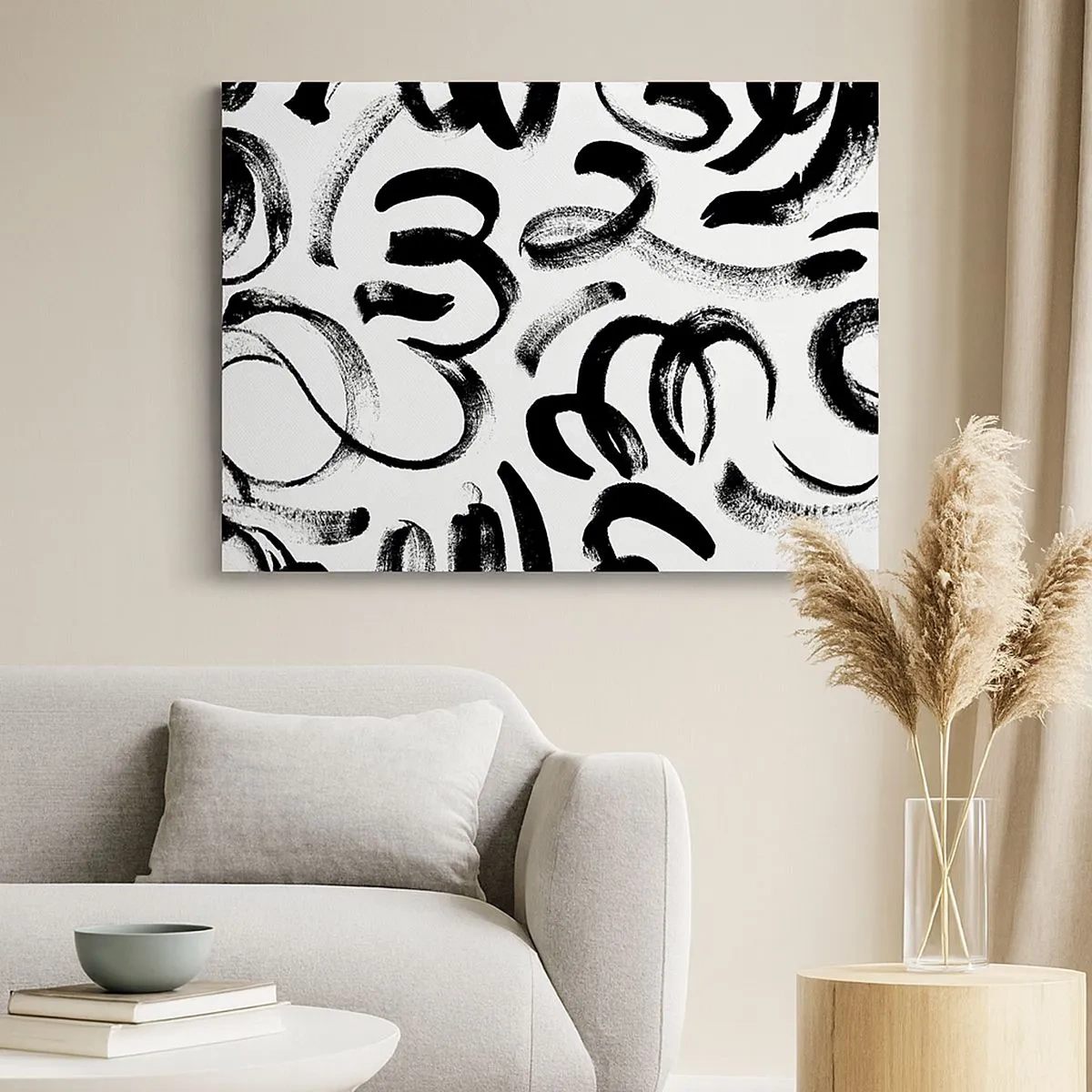Quadro su tela - Stampe su Tela - Pennellate astratte nere su sfondo bianco - 70x50cm - Nero su bianco - Decorazione murale moderna per soggiorno e camera da letto ARTTOR