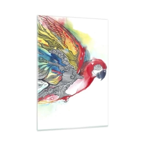 Quadro su vetro - Un pappagallo colorato in volo con motivi astratti sulle ali. - 80x120cm - Vivi a colori - Decorazione murale moderna per soggiorno e camera da letto ARTTOR